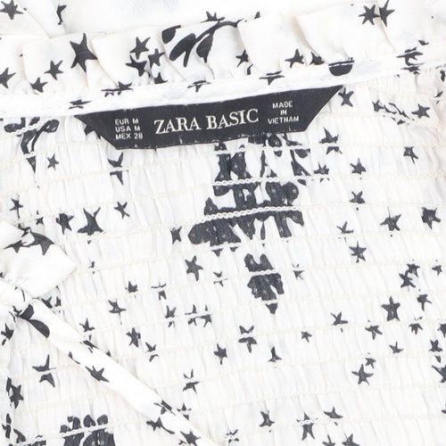 Zara Women White Floral Star Tunic Blouse Size 12 Long Sleeve