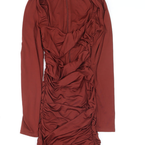 Oh Polly Women’s Brown Ruched Bodycon Mini Dress UK 6 Long Sleeve