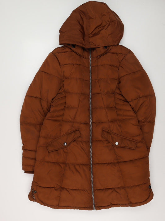 Next Women Brown Long Puffer Coat Hooded Size 16 Winter Jacket