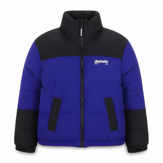 Front view of River Island Men's Blue Black Puffer Jacket, size S, Winter Casual