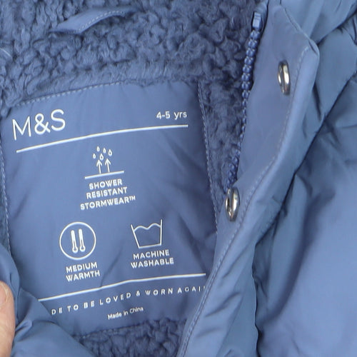 Marks and Spencer Girls Blue Hooded Puffer Jacket 4-5 Years Quilted Winter Coat