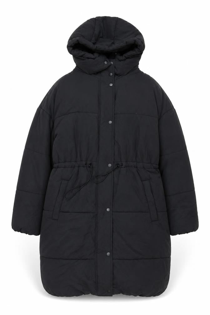 Front view of Marks & Spencer unisex black hooded long puffer coat, size 16