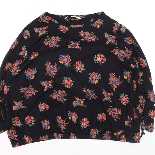 Tu Women Black Floral Tunic Blouse Size 24 3/4 Sleeve Viscose