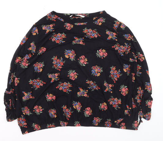 Tu Women Black Floral Tunic Blouse Size 24 3/4 Sleeve Viscose