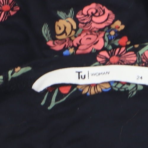 Tu Women Black Floral Tunic Blouse Size 24 3/4 Sleeve Viscose