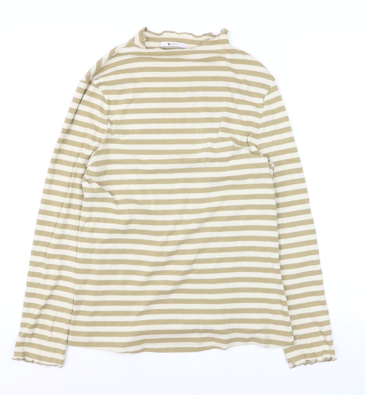Tu Women Beige Striped Long Sleeve Mock Neck Cotton T-Shirt Size 14