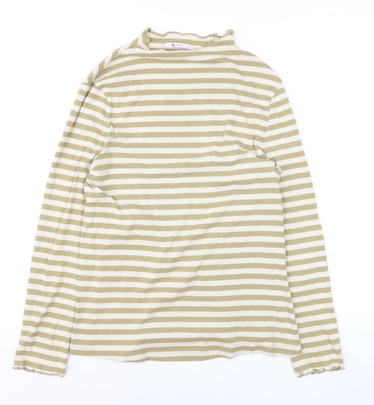 Tu Women Beige Striped Long Sleeve Mock Neck Cotton T-Shirt Size 14