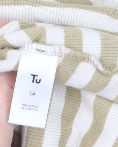 Tu Women Beige Striped Long Sleeve Mock Neck Cotton T-Shirt Size 14