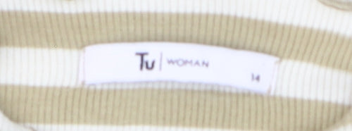 Tu Women Beige Striped Long Sleeve Mock Neck Cotton T-Shirt Size 14