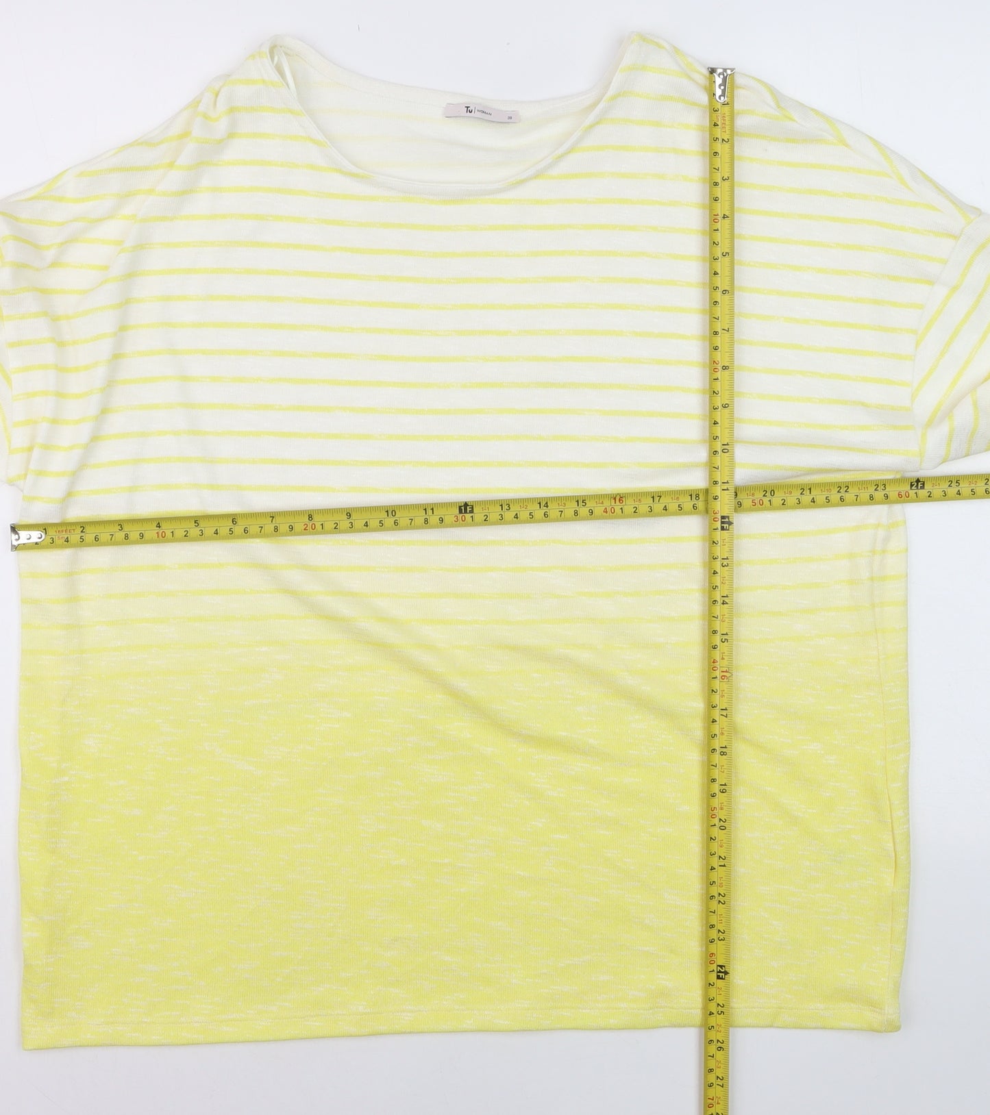 Tu Women Yellow Striped 3/4 Sleeve Relaxed Fit T-Shirt Size 20
