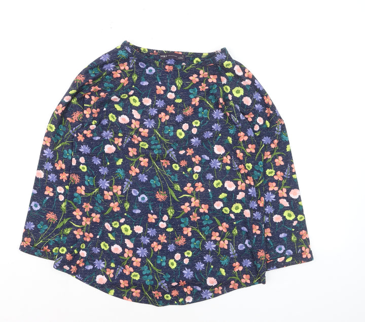 Marks and Spencer Women Blue Floral 3/4 Sleeve Linen Blend T-Shirt Size 10