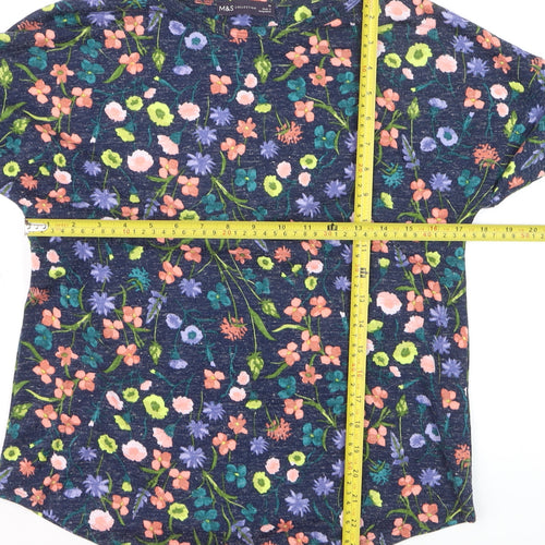 Marks and Spencer Women Blue Floral 3/4 Sleeve Linen Blend T-Shirt Size 10