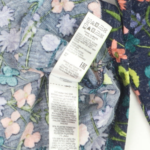 Marks and Spencer Women Blue Floral 3/4 Sleeve Linen Blend T-Shirt Size 10