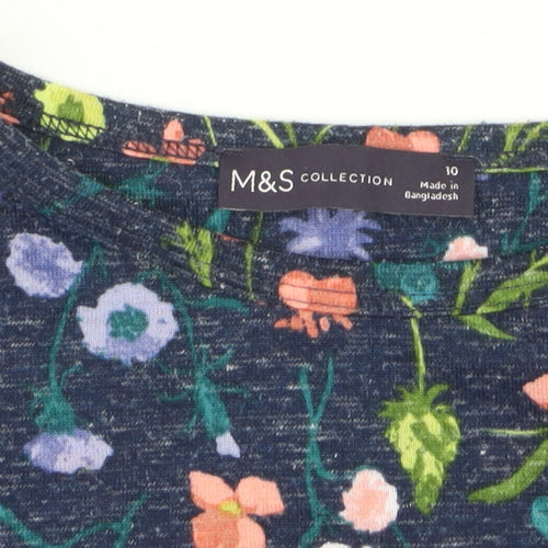 Marks and Spencer Women Blue Floral 3/4 Sleeve Linen Blend T-Shirt Size 10