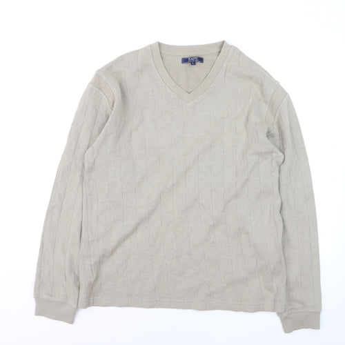 Easy Mens Beige Cotton V-Neck Jumper Size L Lightweight Knit