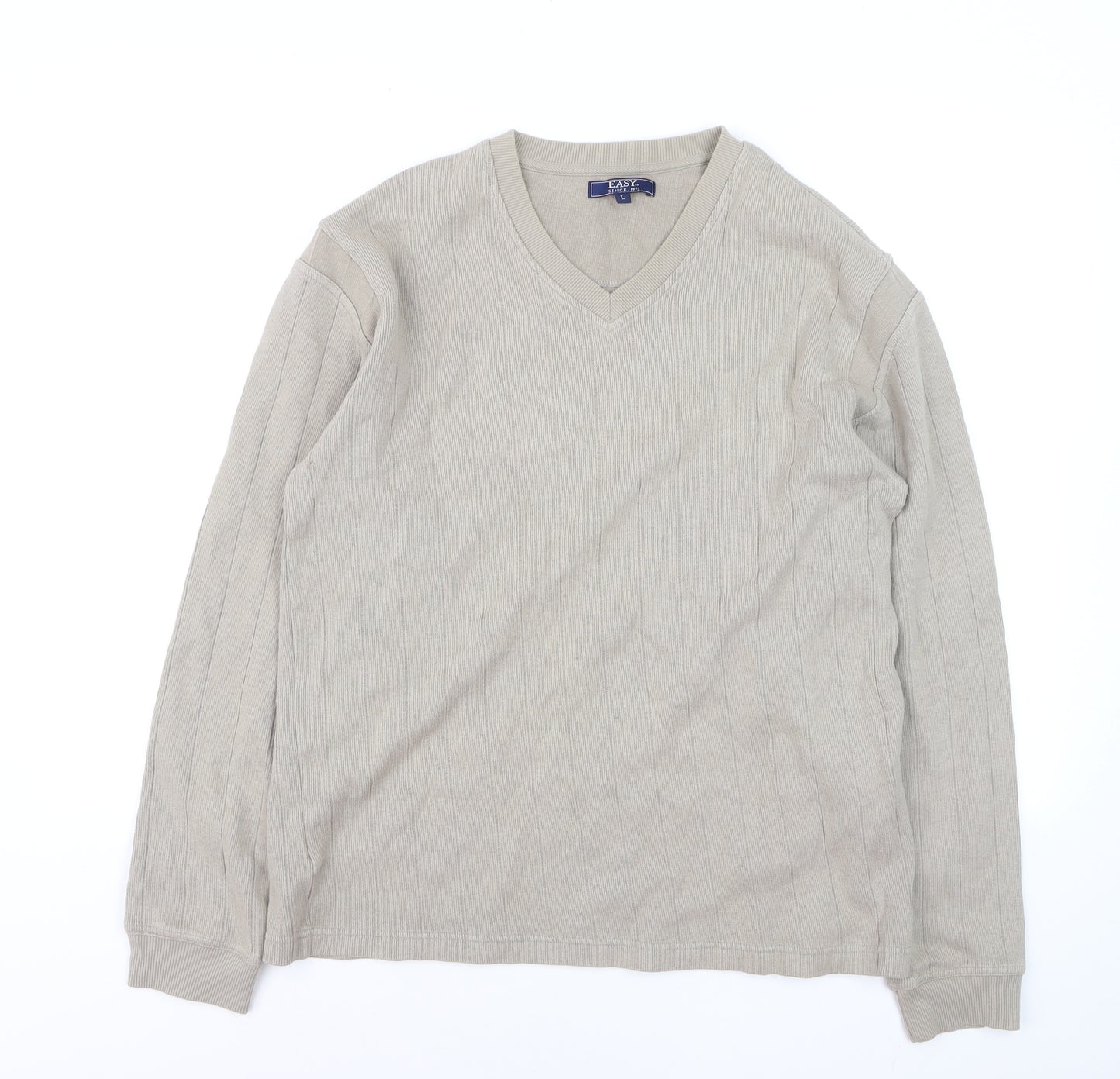 Easy Mens Beige Cotton V-Neck Jumper Size L Lightweight Knit