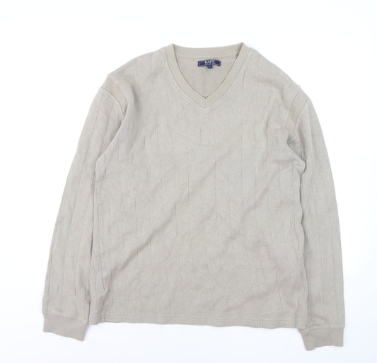 Easy Mens Beige Cotton V-Neck Jumper Size L Lightweight Knit