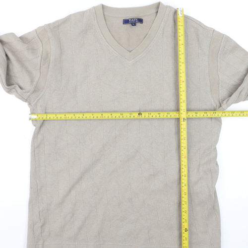 Easy Mens Beige Cotton V-Neck Jumper Size L Lightweight Knit