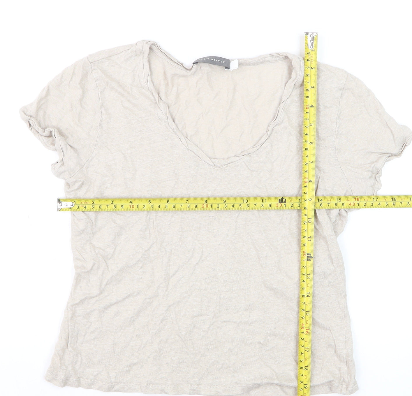 Mint Velvet Women's Beige Linen V-Neck Short Sleeve T-Shirt M