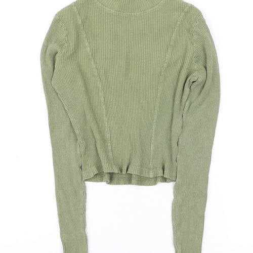 PrettyLittleThing Women’s Green Ribbed Mock Neck Cropped Long Sleeve Top Size 4