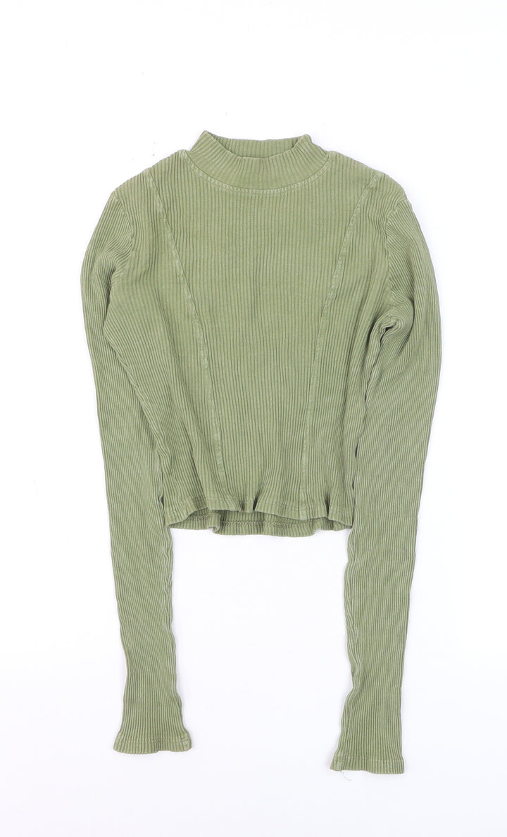 PrettyLittleThing Women’s Green Ribbed Mock Neck Cropped Long Sleeve Top Size 4