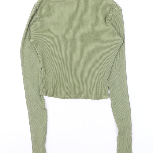 PrettyLittleThing Women’s Green Ribbed Mock Neck Cropped Long Sleeve Top Size 4