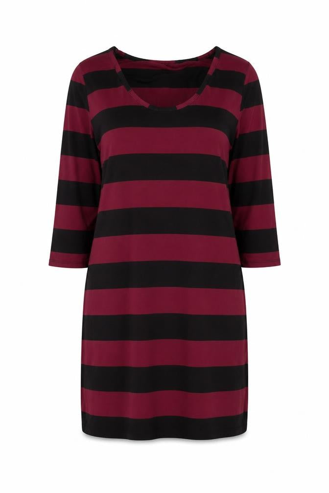 Front view of Therapy Women’s Burgundy Black Stripe Shift Dress, size UK 12