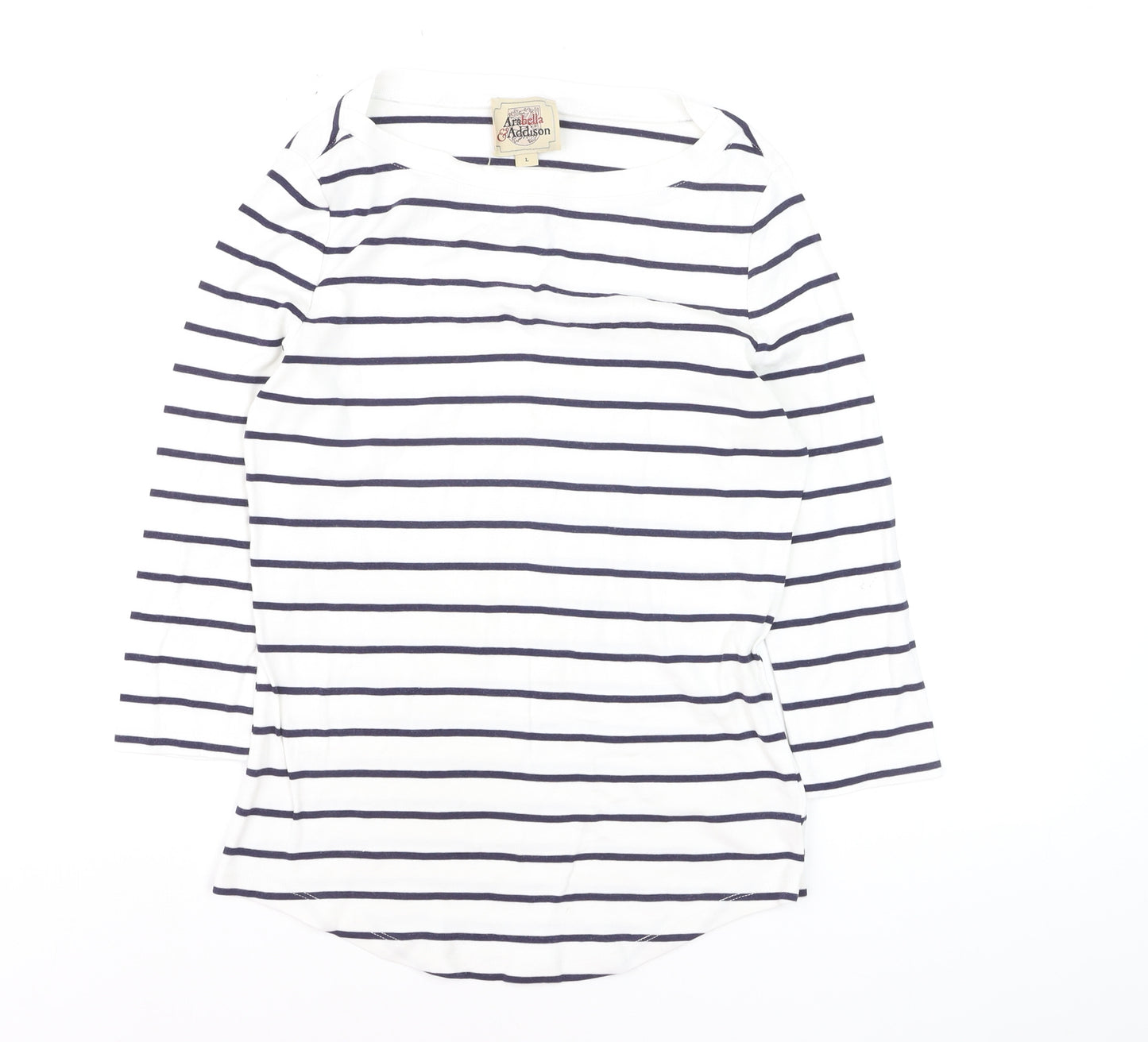 Arabella & Addison Women's White Striped 3/4 Sleeve Boat Neck T-Shirt L