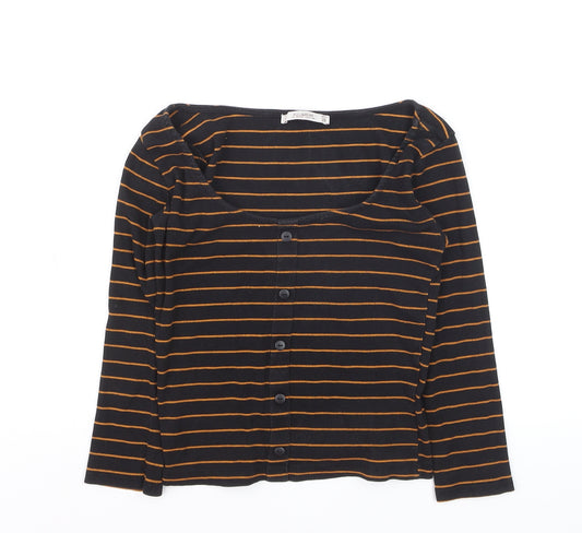 PULL&BEAR Womens Black Striped Cropped Long Sleeve Button-Up Top Size 6