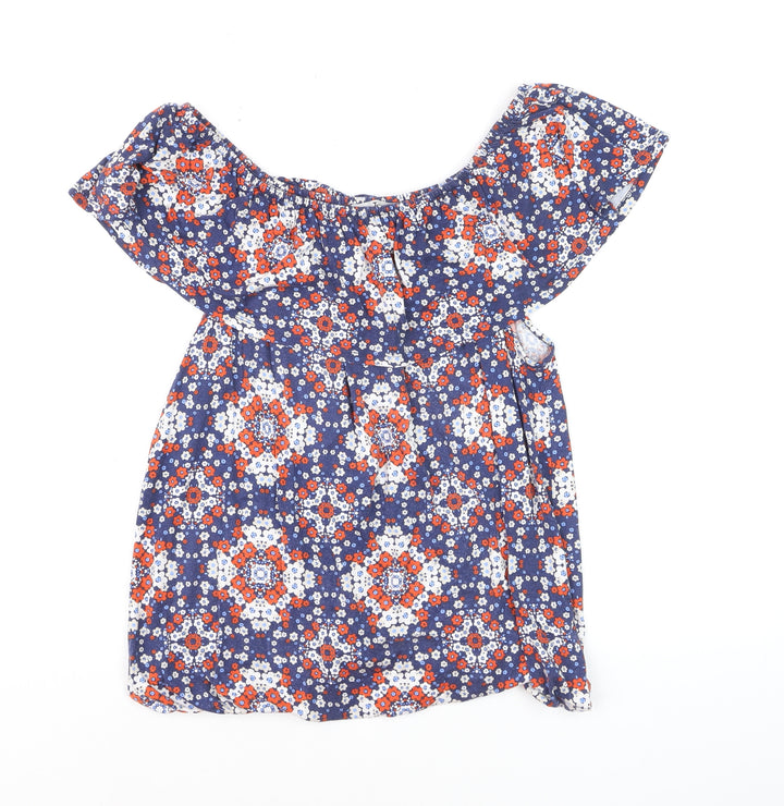 Tu Women’s Blue Floral Off Shoulder Ruffle Tunic Blouse Size 16