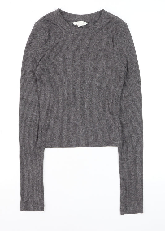 H&M Women’s Grey Cropped Long Sleeve Slim Fit Top XS