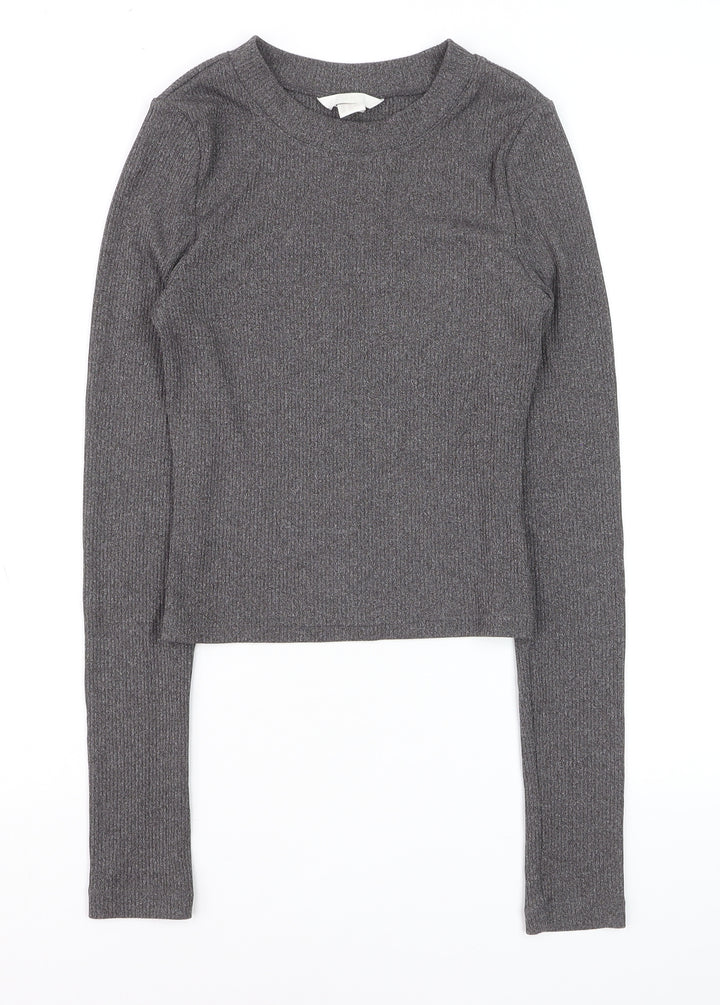 H&M Women’s Grey Cropped Long Sleeve Slim Fit Top XS