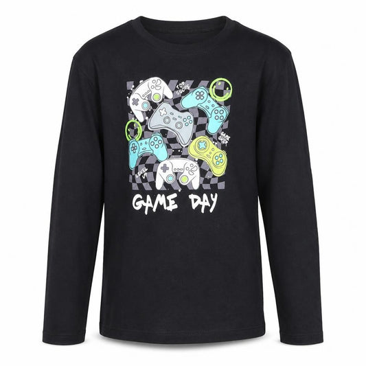 Snooze Time Boys Black Game Day Long Sleeve Cotton T-Shirt 11-12 Years