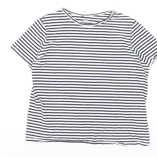 F&F Women’s Navy White Striped Cotton T-Shirt UK 16 Crew Neck Short Sleeve