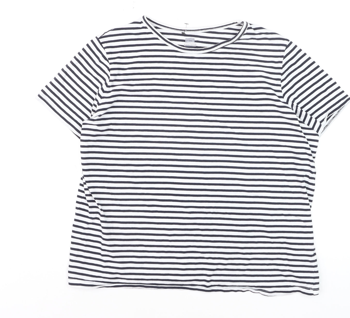F&F Women’s Navy White Striped Cotton T-Shirt UK 16 Crew Neck Short Sleeve