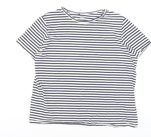 F&F Women’s Navy White Striped Cotton T-Shirt UK 16 Crew Neck Short Sleeve