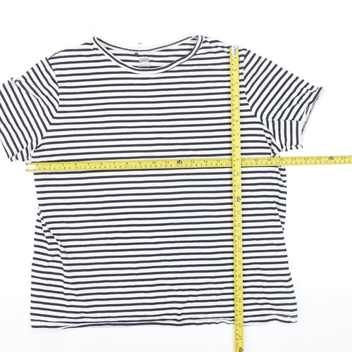 F&F Women’s Navy White Striped Cotton T-Shirt UK 16 Crew Neck Short Sleeve