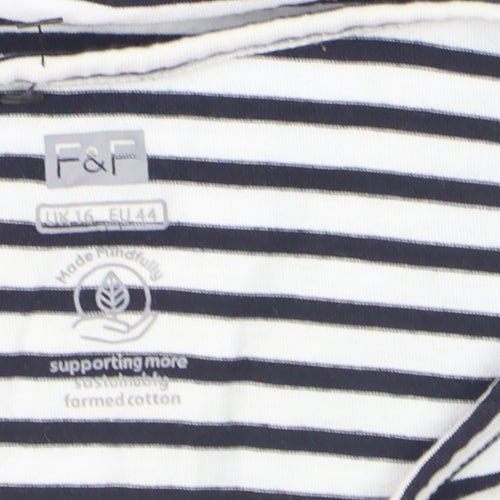 F&F Women’s Navy White Striped Cotton T-Shirt UK 16 Crew Neck Short Sleeve
