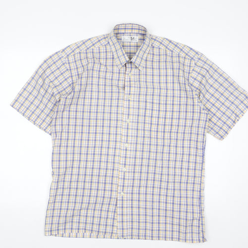 Marks and Spencer Men's Blue Check Short Sleeve Button-Up Shirt 15.5 Regular Fit