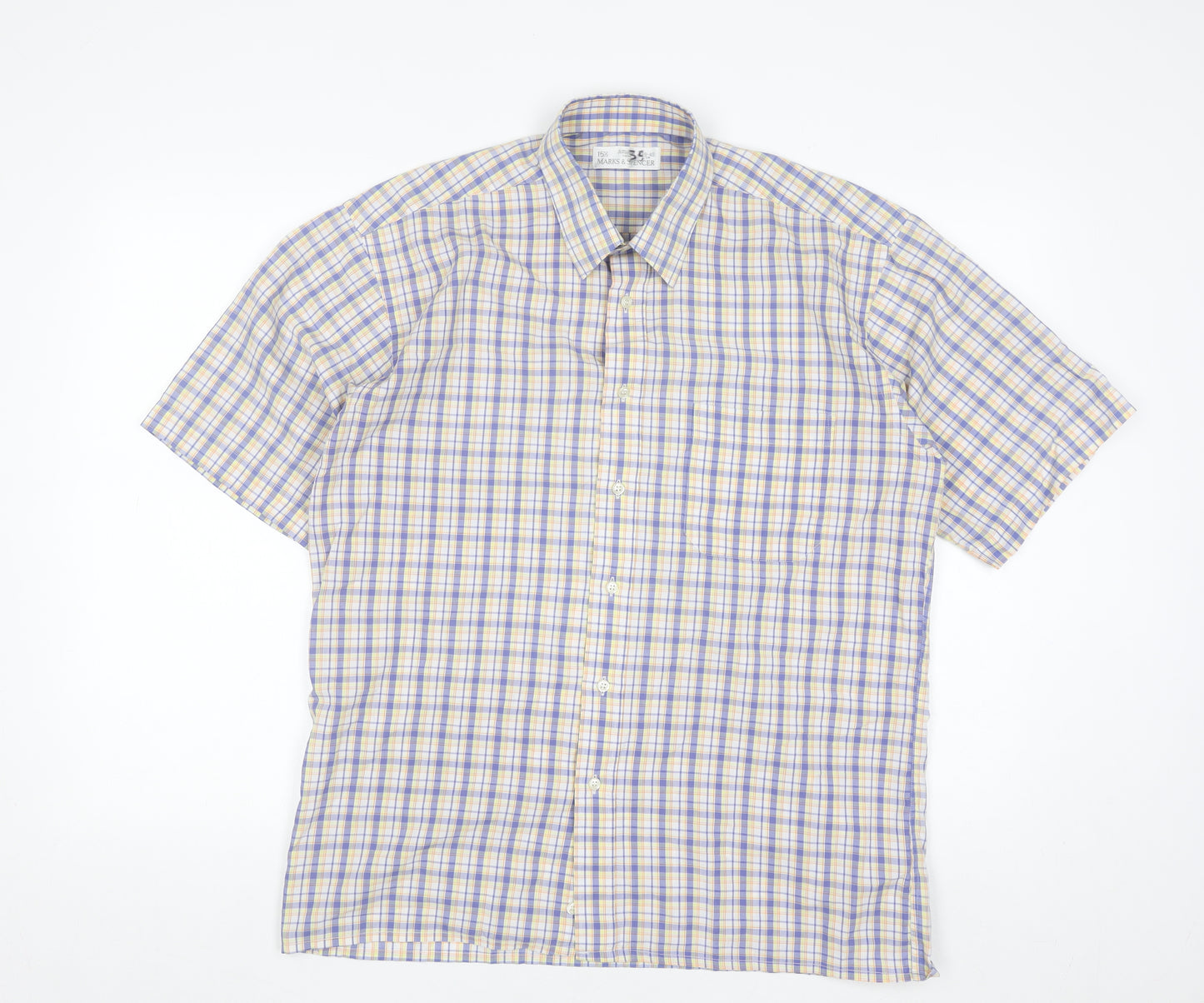 Marks and Spencer Men's Blue Check Short Sleeve Button-Up Shirt 15.5 Regular Fit