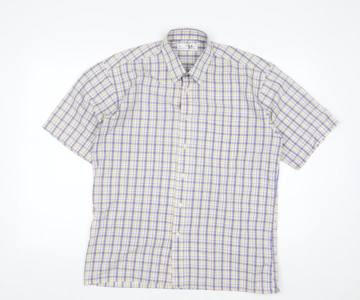 Marks and Spencer Men's Blue Check Short Sleeve Button-Up Shirt 15.5 Regular Fit