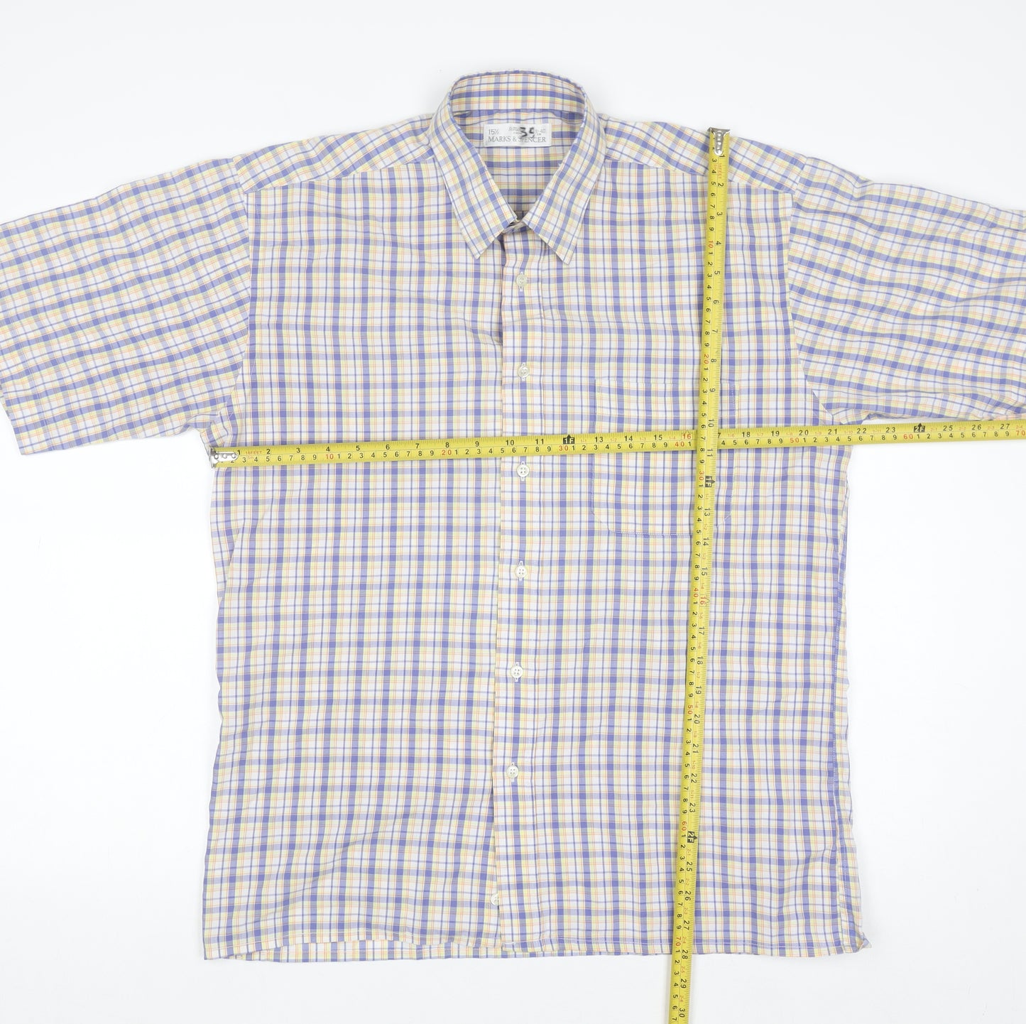 Marks and Spencer Men's Blue Check Short Sleeve Button-Up Shirt 15.5 Regular Fit
