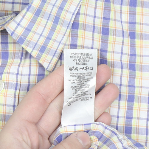 Marks and Spencer Men's Blue Check Short Sleeve Button-Up Shirt 15.5 Regular Fit
