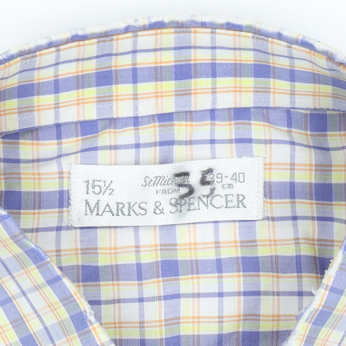 Marks and Spencer Men's Blue Check Short Sleeve Button-Up Shirt 15.5 Regular Fit