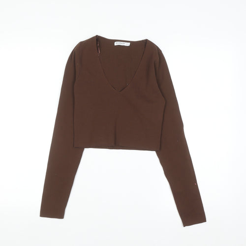Stradivarius Women Brown V-Neck Long Sleeve Slim Knit Pullover Jumper Size 8