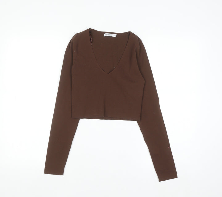 Stradivarius Women Brown V-Neck Long Sleeve Slim Knit Pullover Jumper Size 8