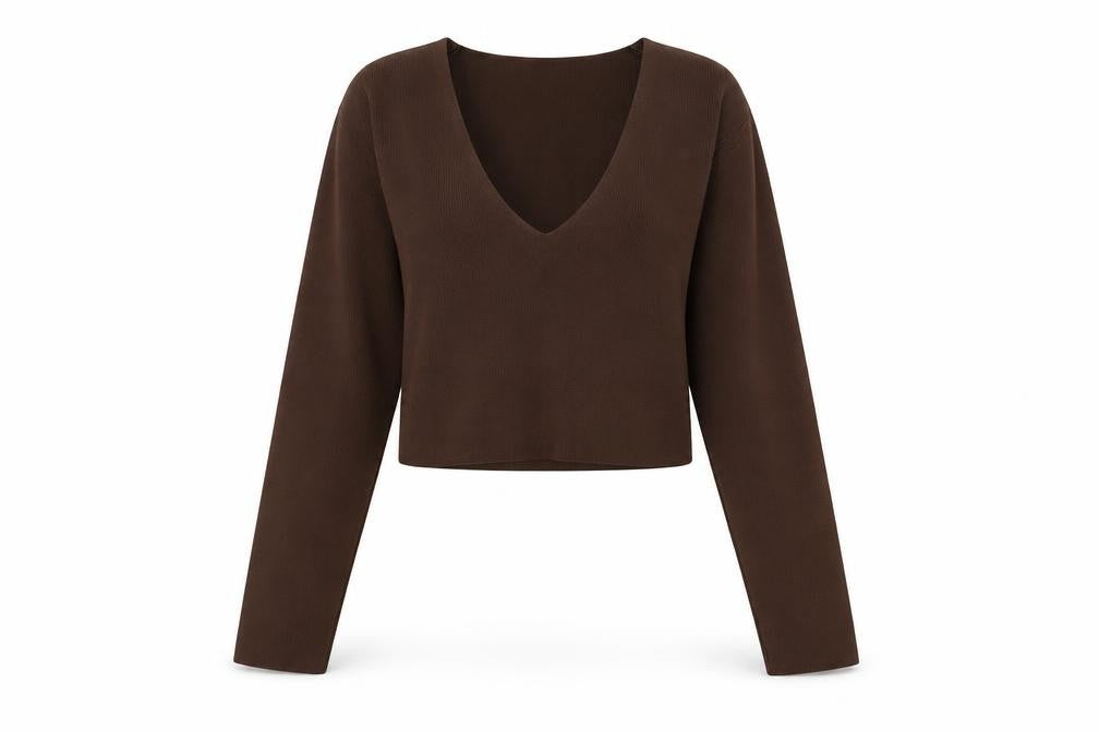 Front view of Stradivarius Women Brown V-Neck Long Sleeve Slim Knit jumper, size 8