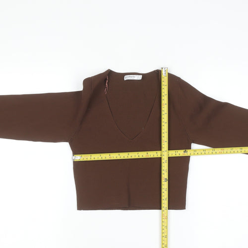 Stradivarius Women Brown V-Neck Long Sleeve Slim Knit Pullover Jumper Size 8
