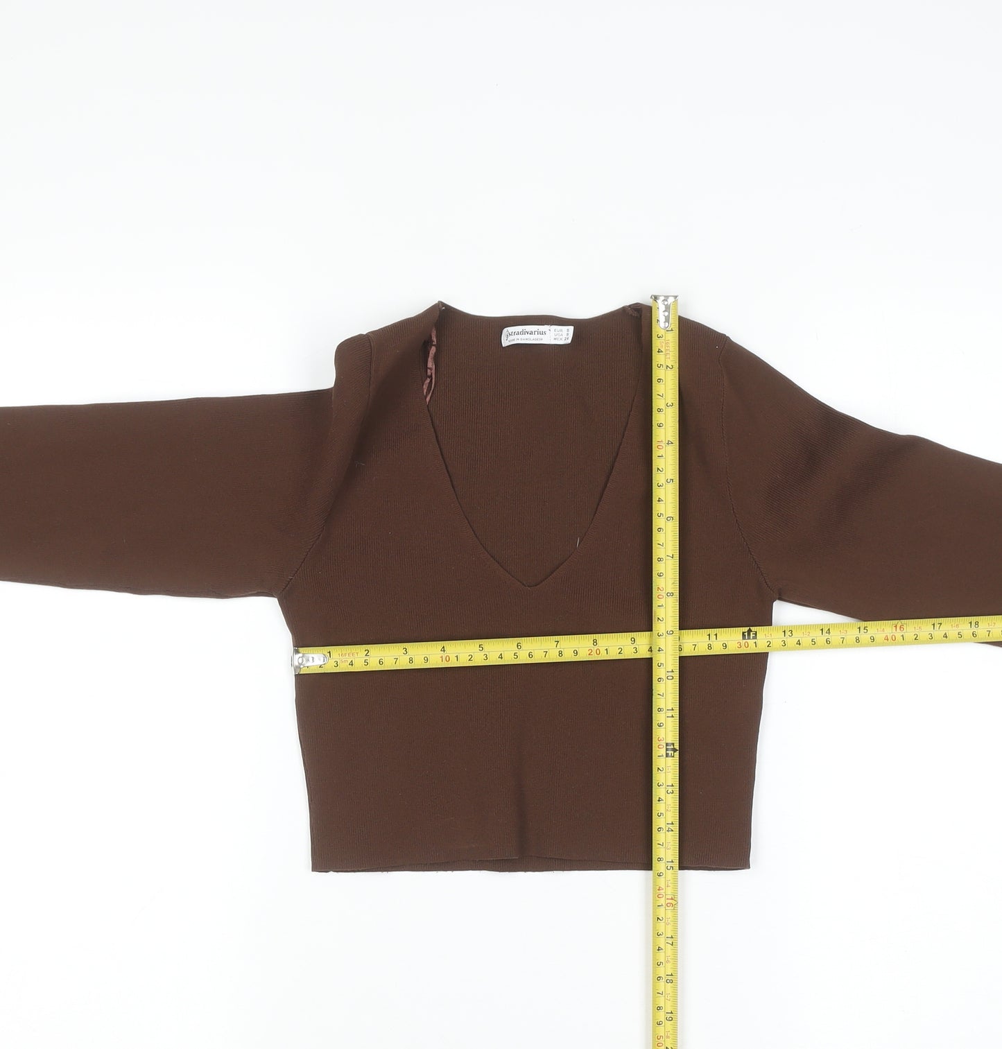 Stradivarius Women Brown V-Neck Long Sleeve Slim Knit Pullover Jumper Size 8