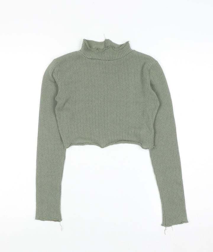 PrettyLittleThing Women Green Mock Neck Ribbed Slim Fit Jumper Size 4